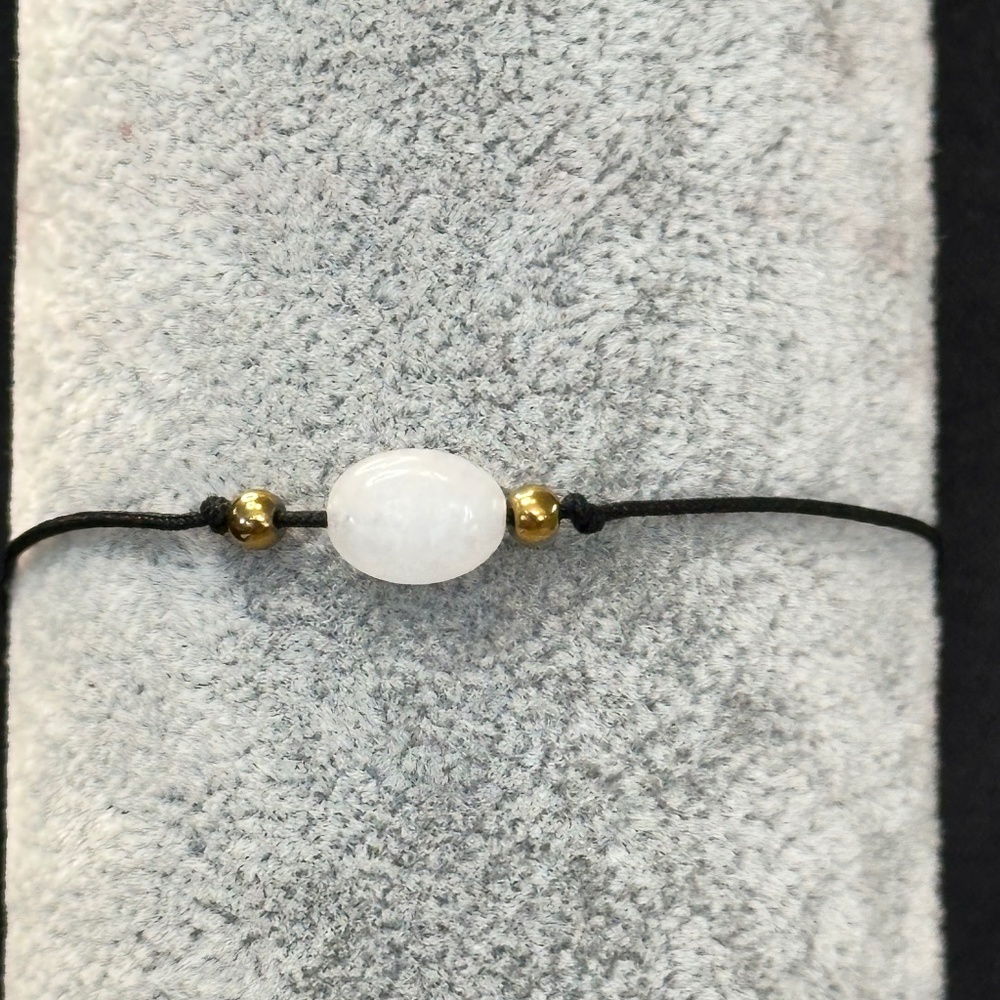 Rainbow Moonstone & gold beaded bracelet, black adjustable cord.